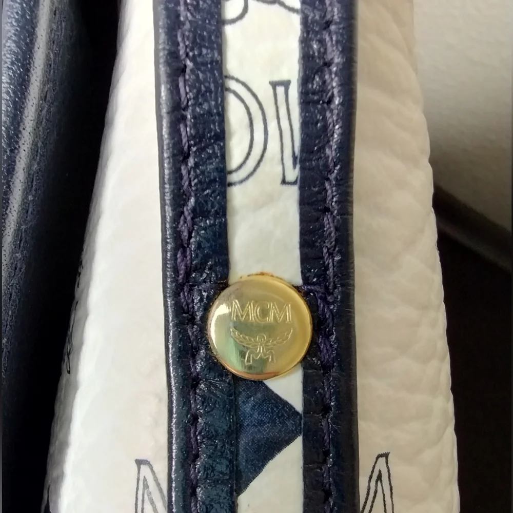 MCM Patricia Monogram Blue White Leather Crossbody Shoulder Bag Laurel Lock